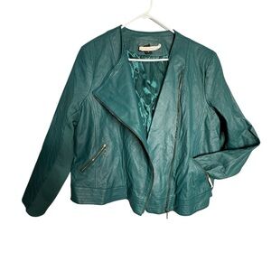 Iman global chic green genuine leather fur neck moto plus size 2X jacket